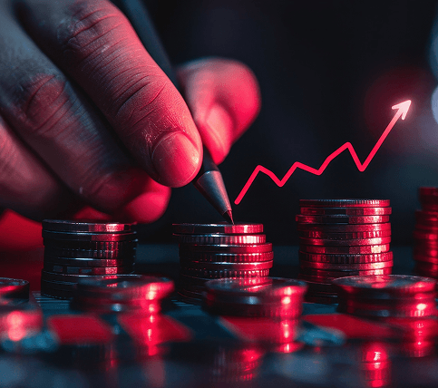 Rising revenue chart over stacked coins