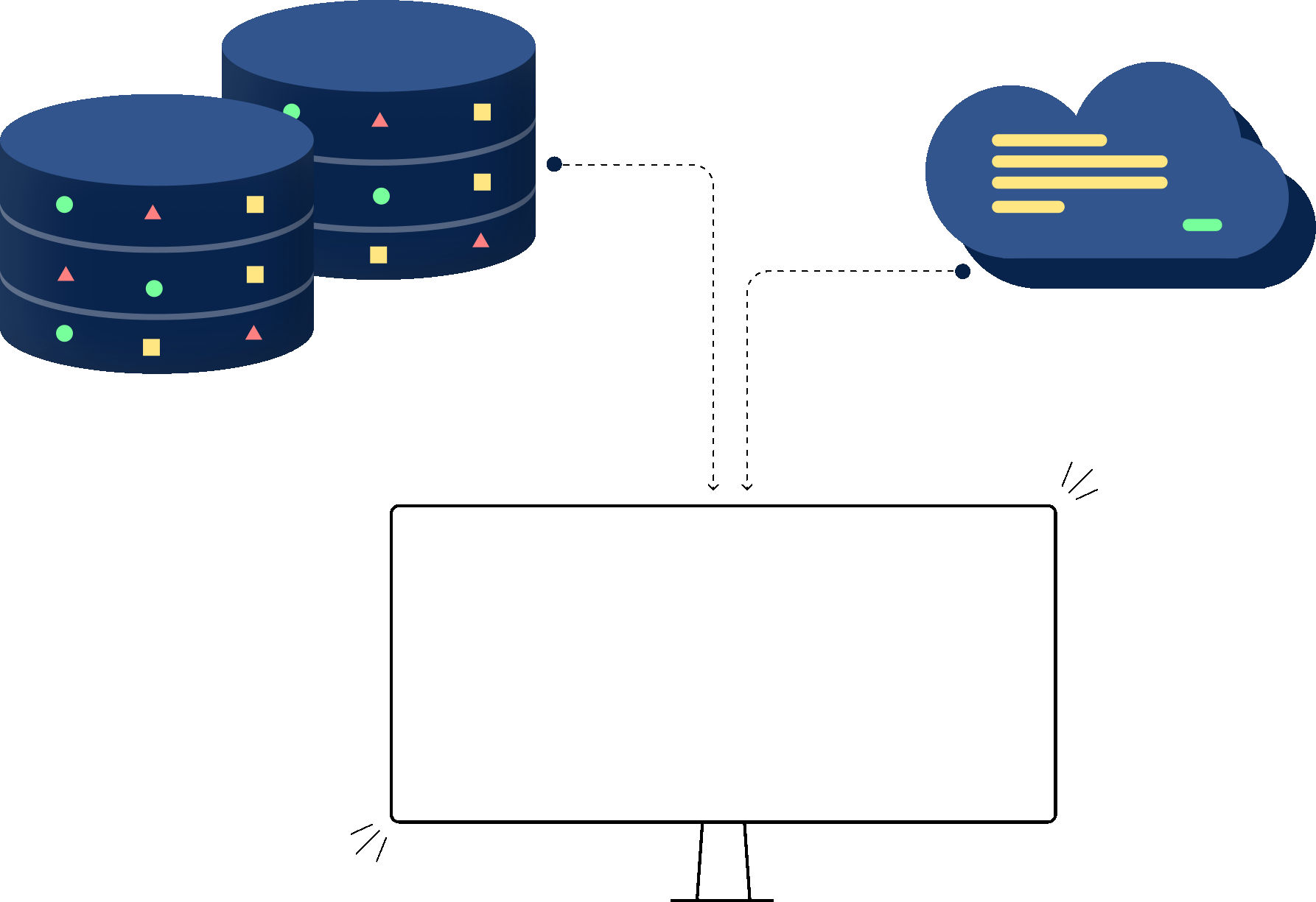 Fragmented data systems animation showing disconnected databases, cloud, and monitor